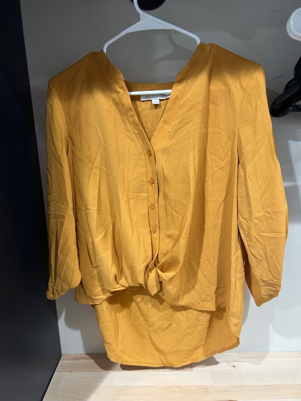 Olive & Oak Mustard Yellow Button-Front Twist Hem Blouse
